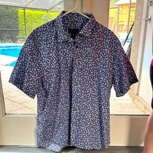 Pronto Uomo Navy and White Leaf Print Shirt
